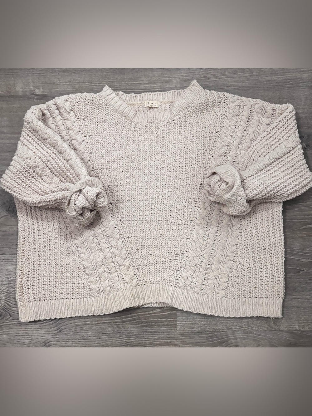 POL Oversized Cable Knit Chenille Crewneck Sweater Sz Large Almond
